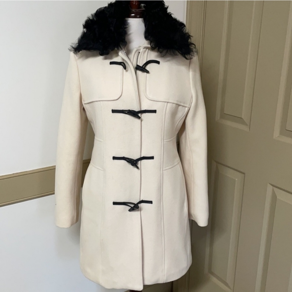 Cream, Black Fur Wool Coat Italian